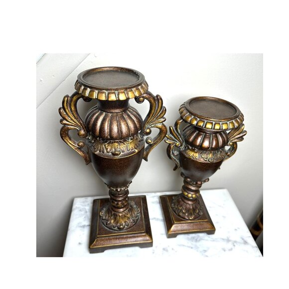 Antique Style Pair Of Ornate Bronze Finish Pillar Decorative Candle Holder - Picture 8 of 11